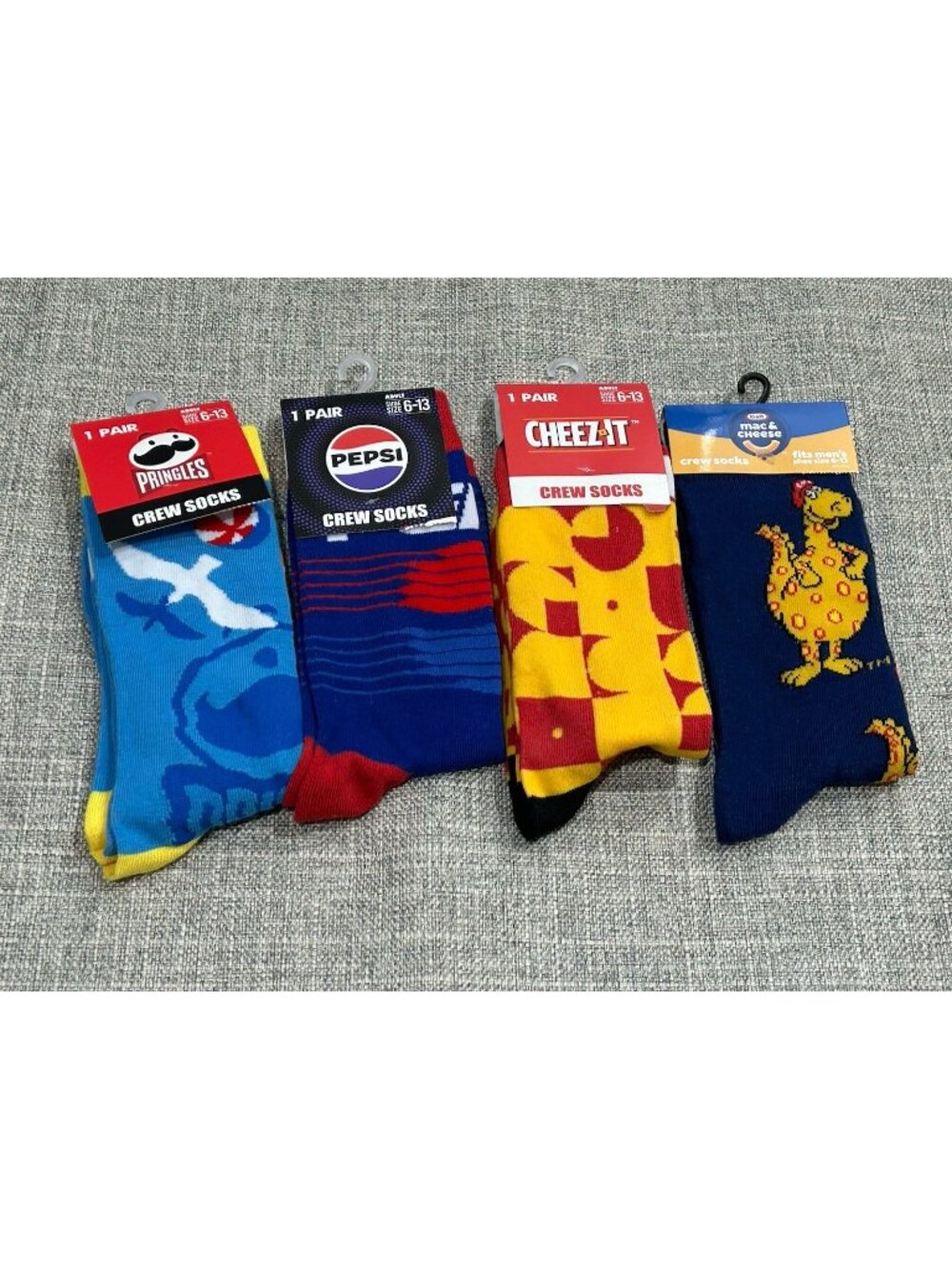 Lot of 4 Novelty Crew Socks Pop Culture Pringles Pepsi Mac N Cheese Cheezit